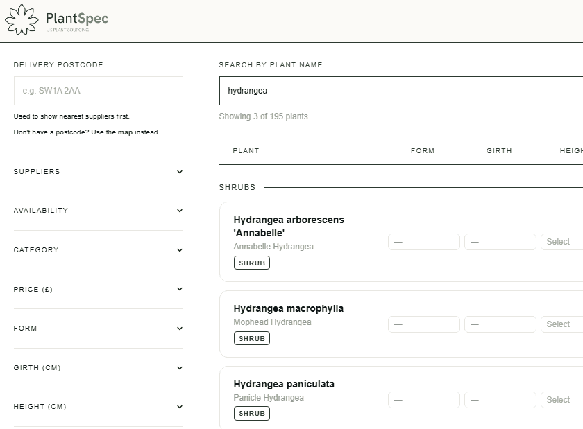The PlantSpec marketplace, listing plants with supplier stock, specification and pricing.